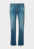 Blaue Jeans aus Denim mit geradem Schnitt, ausgestattet mit einem leichten Verwaschungseffekt, leichten Abnutzungen an den Knien und klassischem Fünf-Taschen-Design.