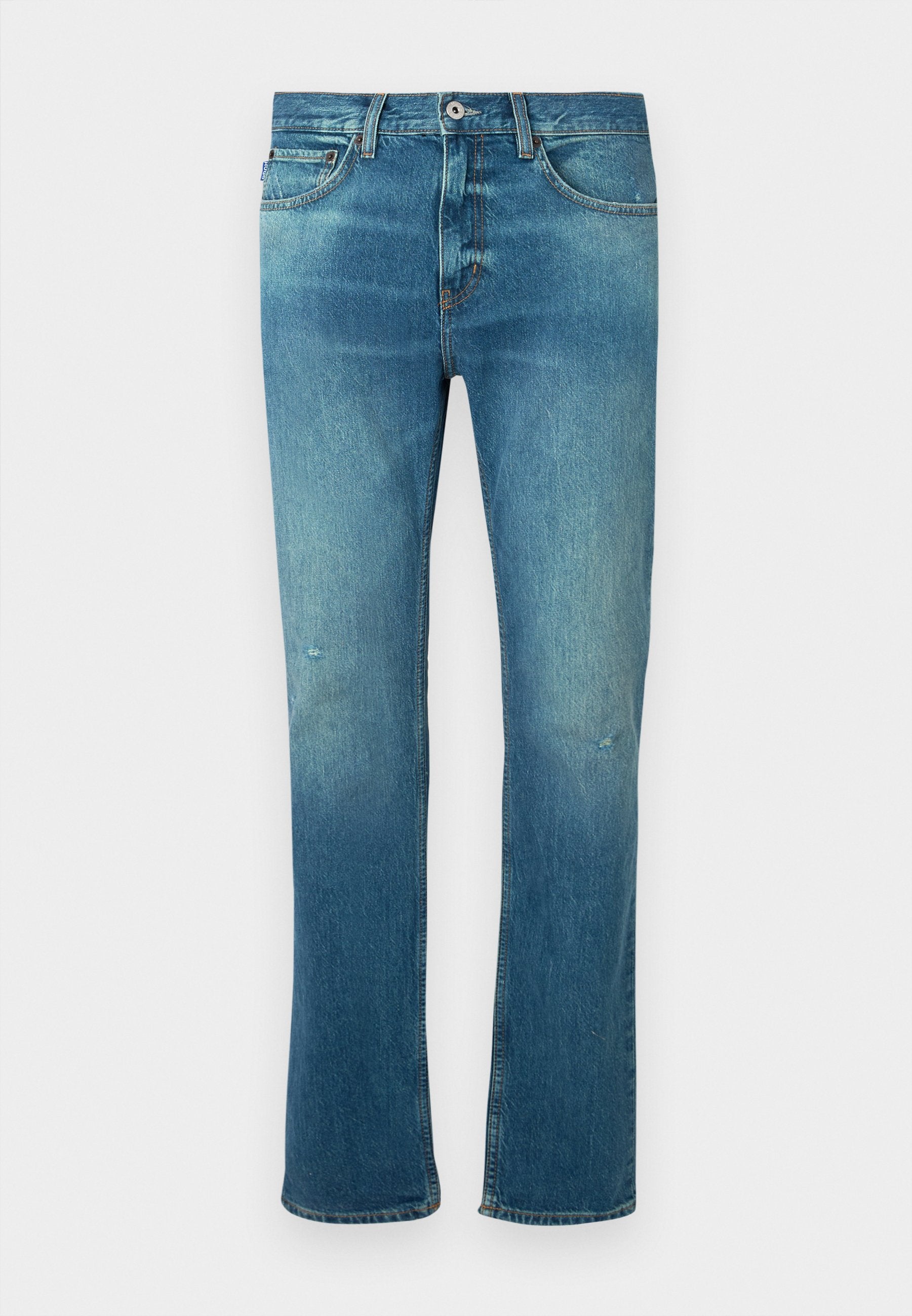 Blaue Jeans aus Denim mit geradem Schnitt, ausgestattet mit einem leichten Verwaschungseffekt, leichten Abnutzungen an den Knien und klassischem Fünf-Taschen-Design.
