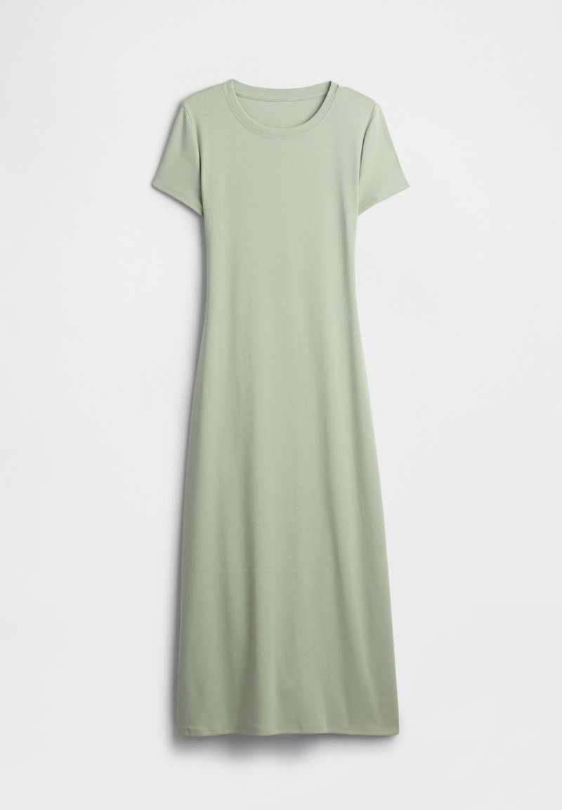 Kurzärmliges Kleid in Hellgrün, gefertigt aus weichem Stoff. Es verfügt über einen Rundhalsausschnitt und ein langes, fließendes Design ohne Verzierungen.