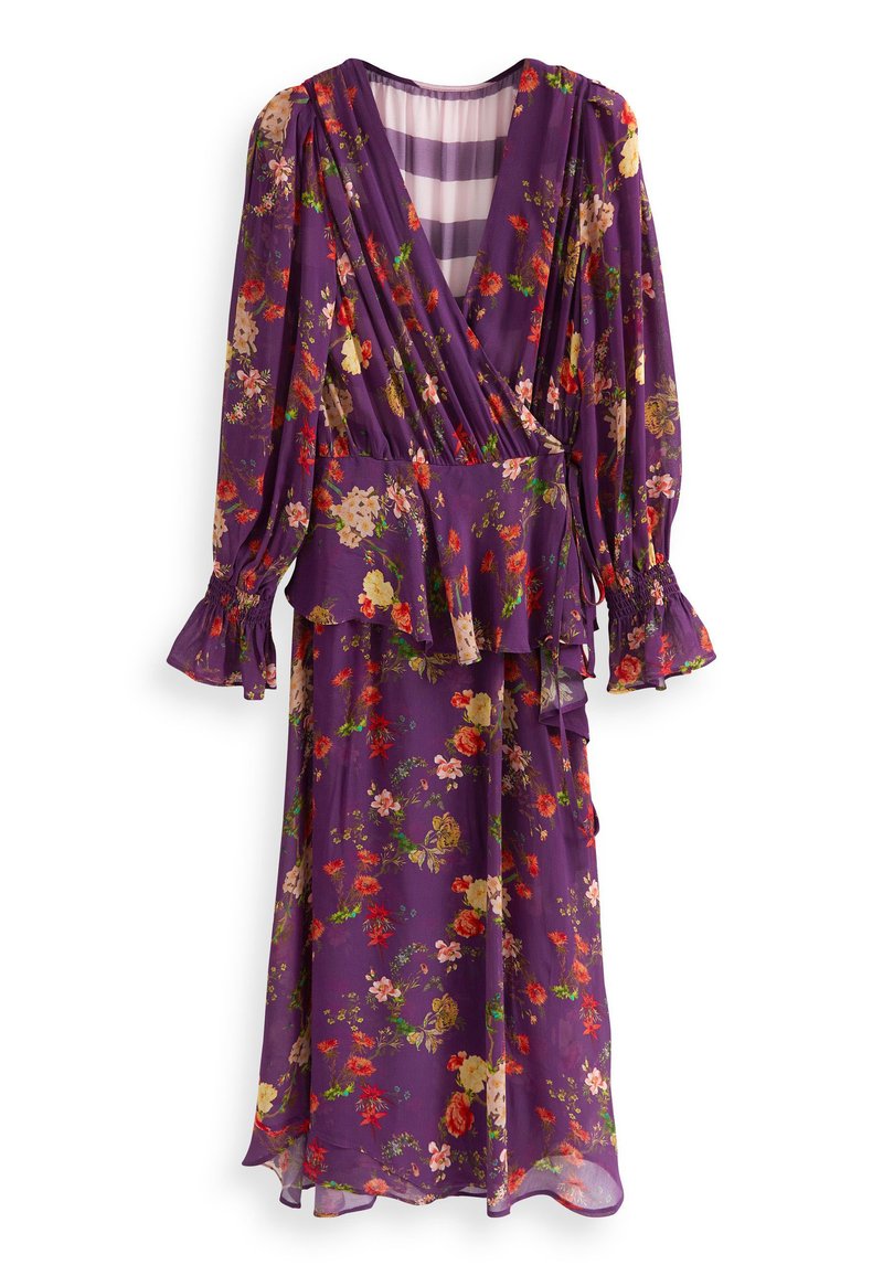 Lila Blumenwickelkleid mit langen Ärmeln, gerüschten Manschetten und einer fließenden Silhouette. Es verfügt über eine Mischung aus bunten Blumenmustern auf leichtem Stoff.