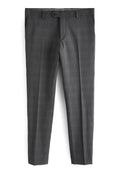 Graue gemusterte Hose mit glatter Textur, geradem Schnitt, flachem Front und einem einzigen Knopfverschluss an der Taille.