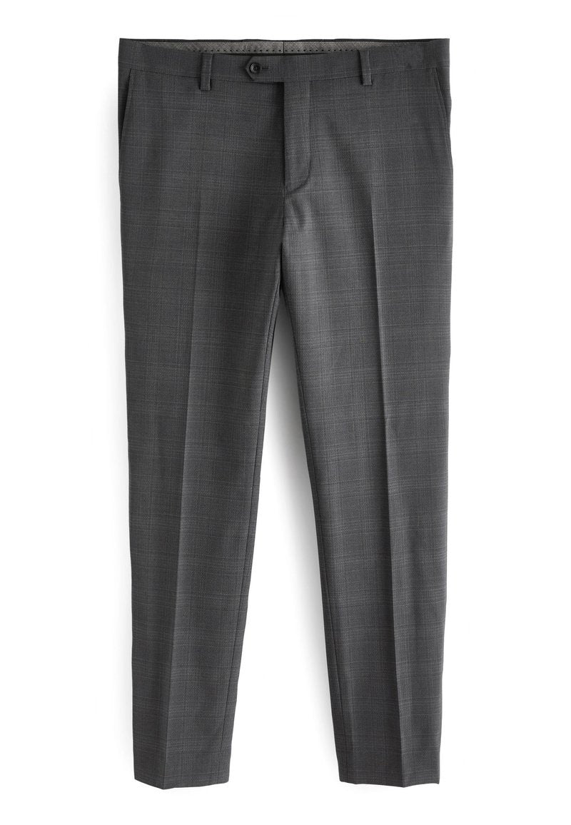 Graue gemusterte Hose mit glatter Textur, geradem Schnitt, flachem Front und einem einzigen Knopfverschluss an der Taille.