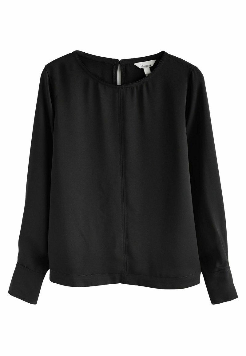 Schwarze Bluse mit langen Ärmeln und Rundhalsausschnitt, aus weichem Stoff mit leichtem Fall. Besitzt eine Öffnung im Rücken und abschraubbare Ärmel. Minimalistisches Design.