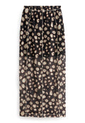 Durchsichtiger schwarzer Midirock mit beige- und braunfarbenem Leopardenmuster sowie sichtbaren vertikalen Nahtdetails.