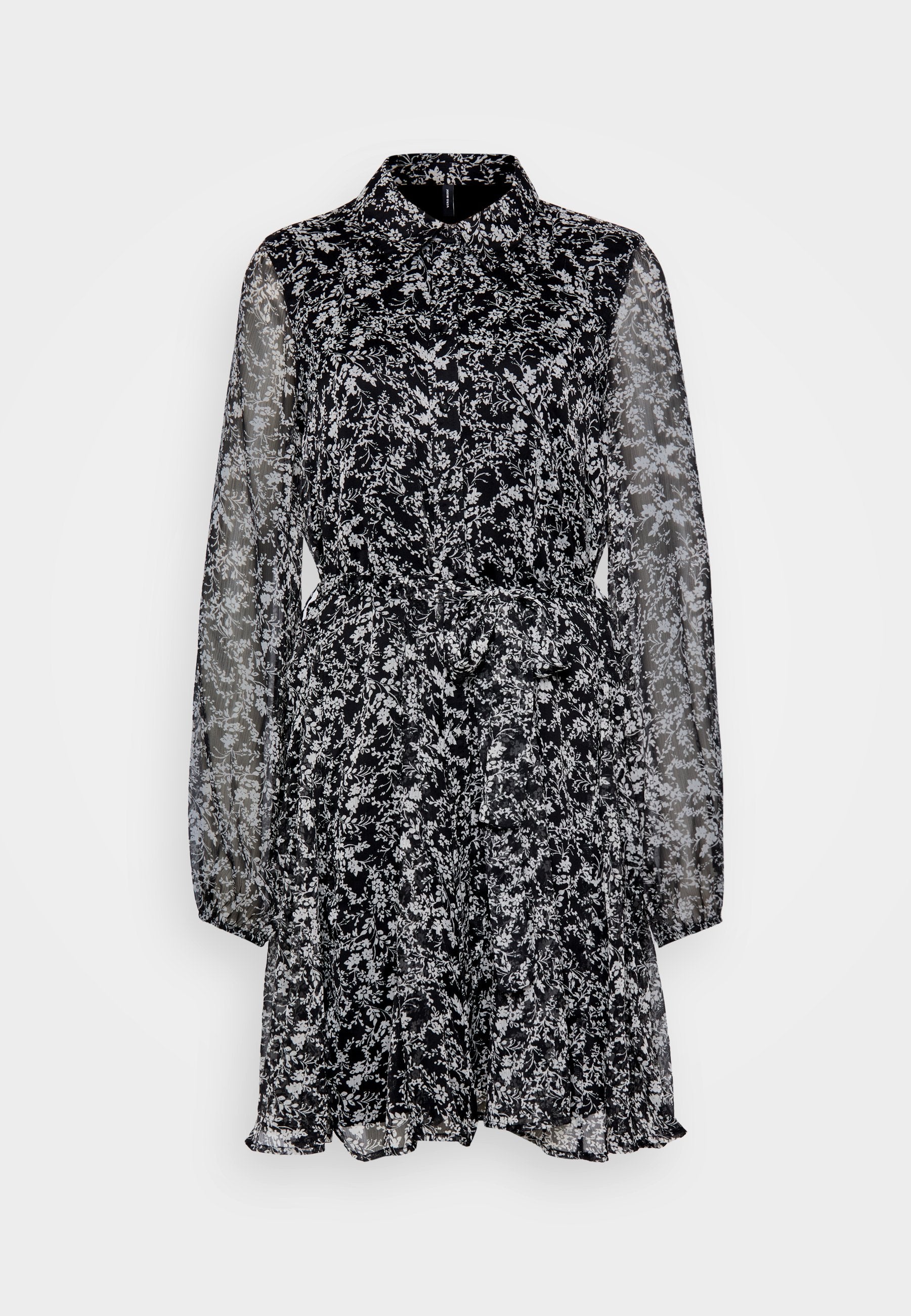 Schwarzes Blumenkleid mit Kragen, langen transparenten Ärmeln und tailliertem Schnitt. Verfügt über weiße Blumenmuster und einen fransigen Saum.