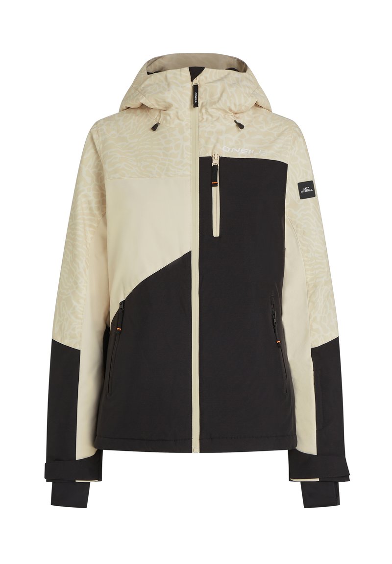 Herrenjacke in Beige und Schwarz, mit einem strukturierten Muster auf den Schultern, Reißverschlusstaschen und verstellbaren Manschetten. Kapuze inklusive.