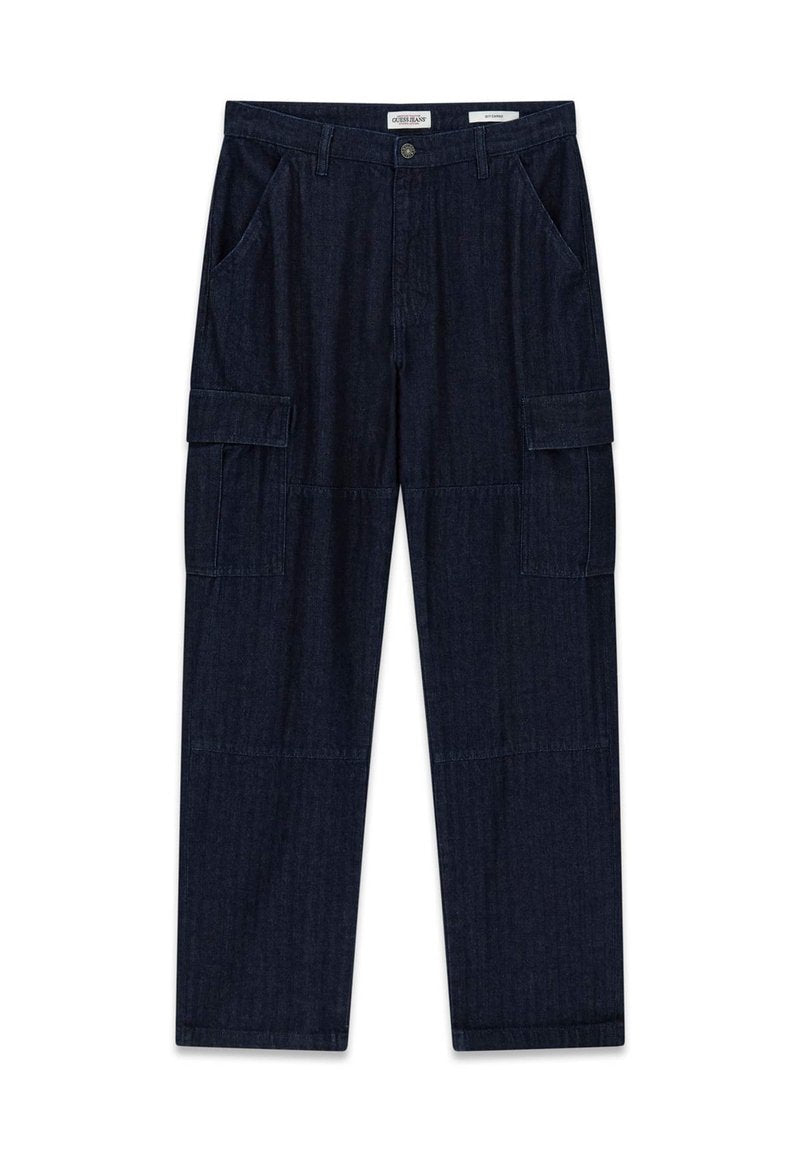 Dunkelblaue Denim-Cargohose mit geradem Bein, ausgestattet mit zwei Seitentaschen, zwei großen Cargotaschen und einem Knopfverschluss in der Taille.