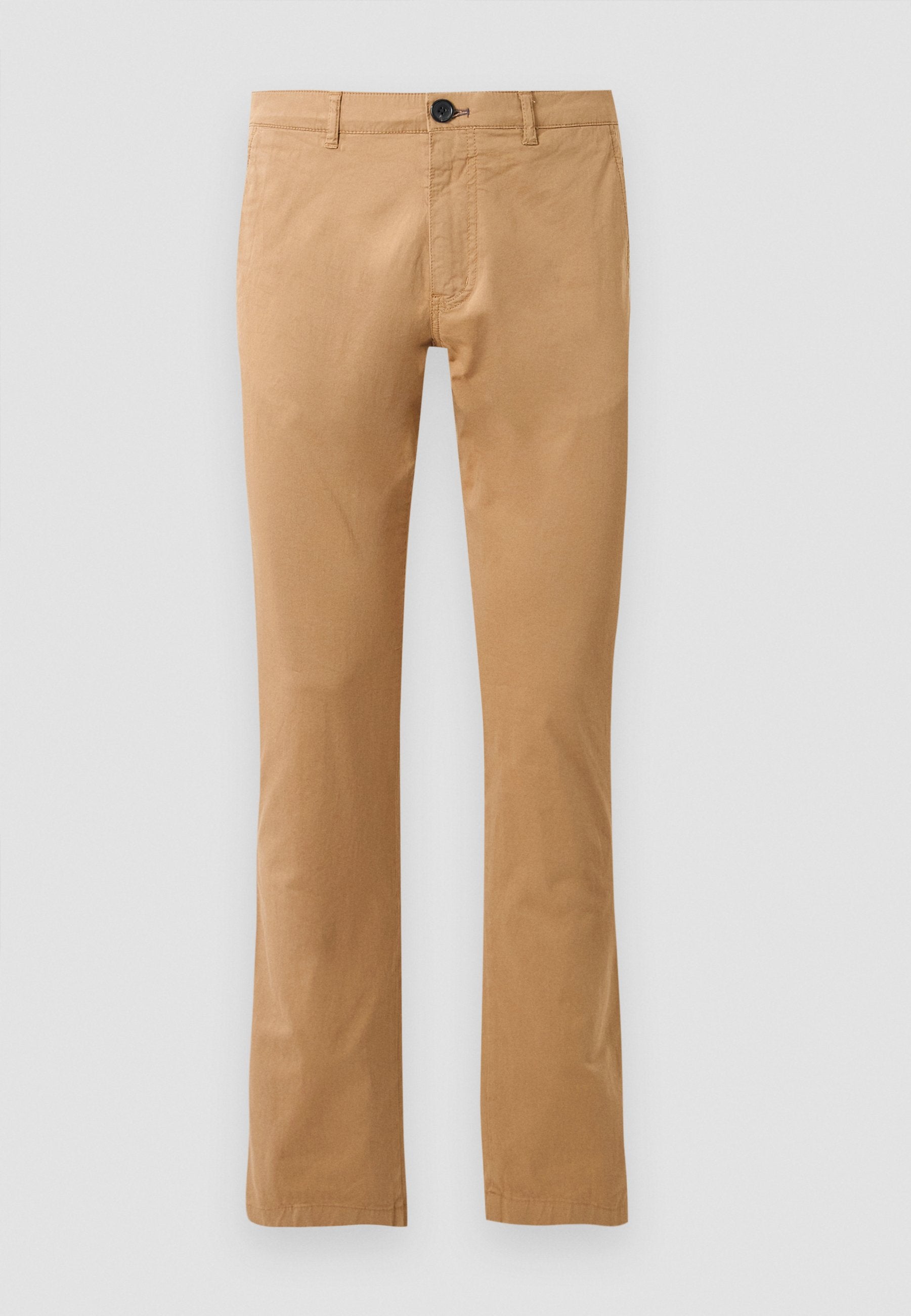 Beige Baumwollhosen mit geradem Schnitt, mit einem vorderen Knopfverschluss und zwei Seitentaschen. Glatte Textur und keine sichtbaren Muster.
