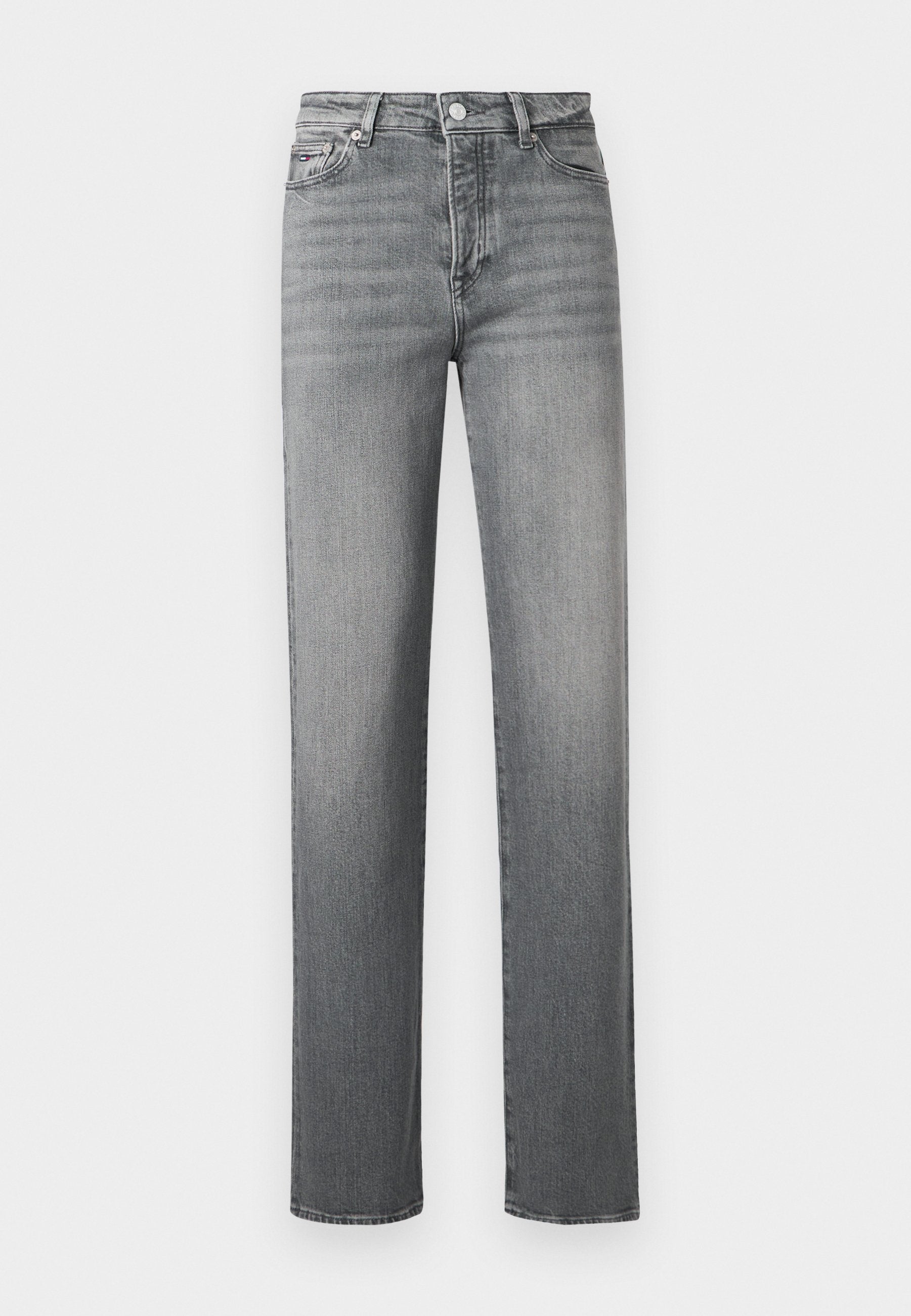 Graue Denim-Jeans mit geradem Schnitt, hoher Taille und klassischem Fünf-Taschen-Design. Verfügen über eine dezente verwaschene Textur und Gürtelschlaufen.