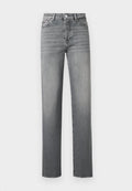 Graue Denim-Jeans mit geradem Schnitt, hoher Taille und klassischem Fünf-Taschen-Design. Verfügen über eine dezente verwaschene Textur und Gürtelschlaufen.