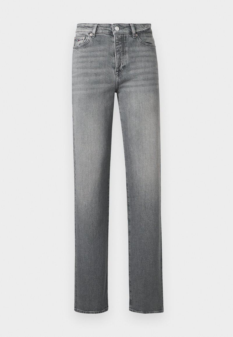 Graue Denim-Jeans mit geradem Schnitt, hoher Taille und klassischem Fünf-Taschen-Design. Verfügen über eine dezente verwaschene Textur und Gürtelschlaufen.