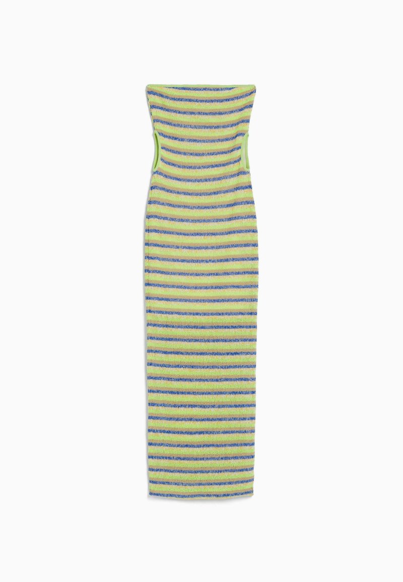 Strickkleid in grünen, blauen und gelben Streifen, mit einer taillierten Silhouette, hohem Ausschnitt und ausgeschnittenen Seiten. Glatte Textur.