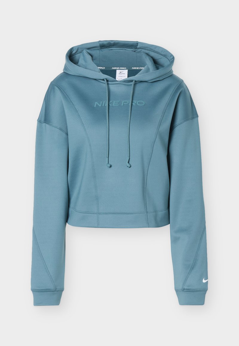 Blauer, kurz geschnittener Nike Pro Hoodie mit langen Ärmeln, Kordelzug vorne und kleinem weißem Nike-Swoosh am linken Ärmelbündchen.