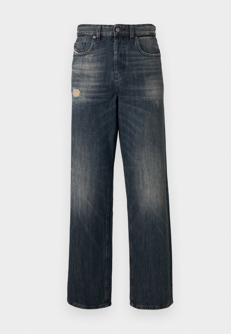 Blaue Jeans aus Denim mit lockerem Schnitt, versehen mit Used-Details und einem ausgewaschenen Look, fünf Taschen und einem Reißverschluss.