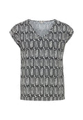 Kurzärmeliges V-Neck-Top aus leichtem Stoff mit einem schwarz-weißen geometrischen Muster und Pinselstrich-Effekt sowie lockerer Passform.