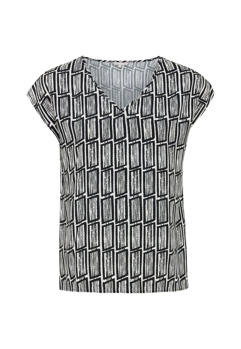 Kurzärmeliges V-Neck-Top aus leichtem Stoff mit einem schwarz-weißen geometrischen Muster und Pinselstrich-Effekt sowie lockerer Passform.