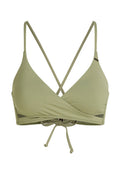 Olivgrüner Dreiecks-Bikini-Oberteil mit verstellbaren dünnen Trägern, gerafftem Vorderteil und Knotenschluss im Rücken. Glattes Material und minimalistisches Design.