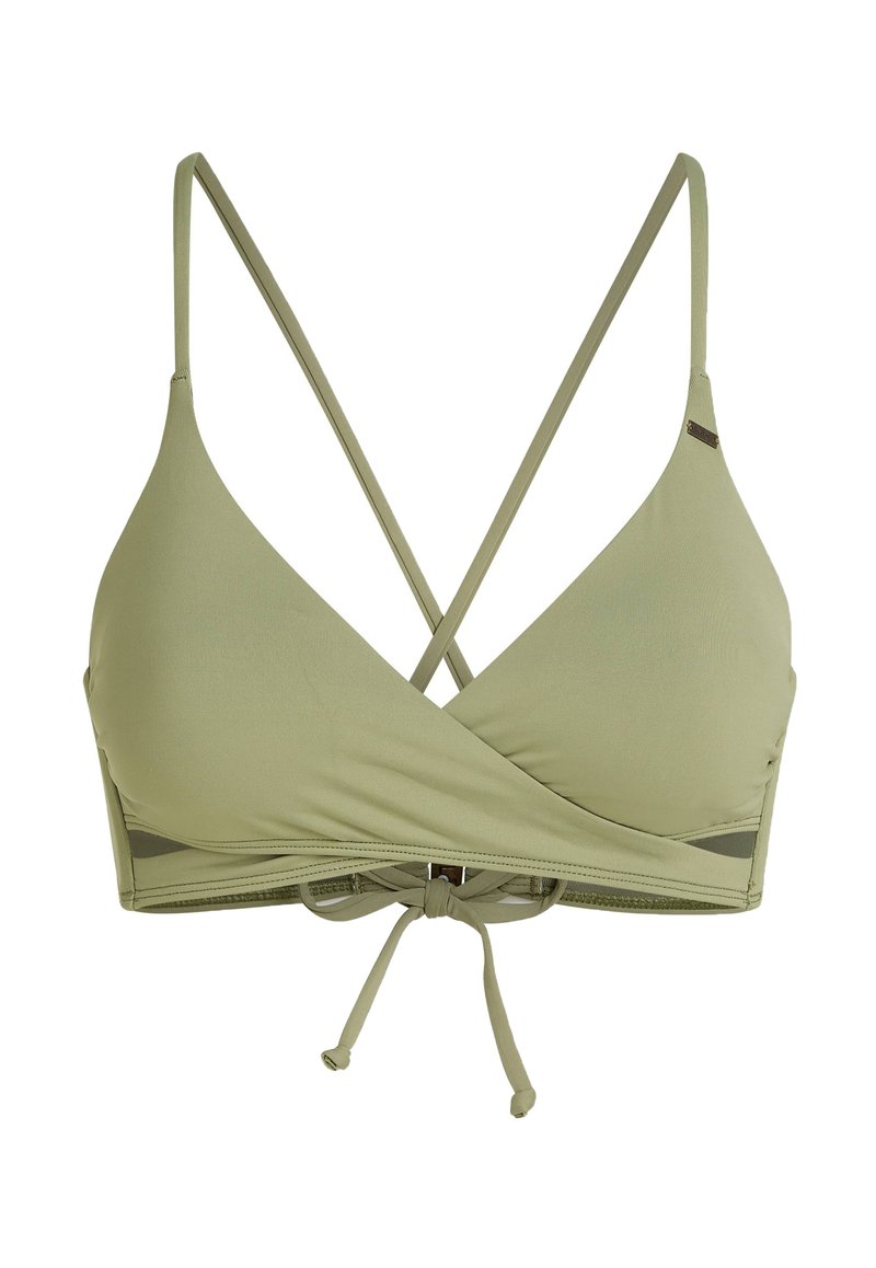 Olivgrüner Dreiecks-Bikini-Oberteil mit verstellbaren dünnen Trägern, gerafftem Vorderteil und Knotenschluss im Rücken. Glattes Material und minimalistisches Design.