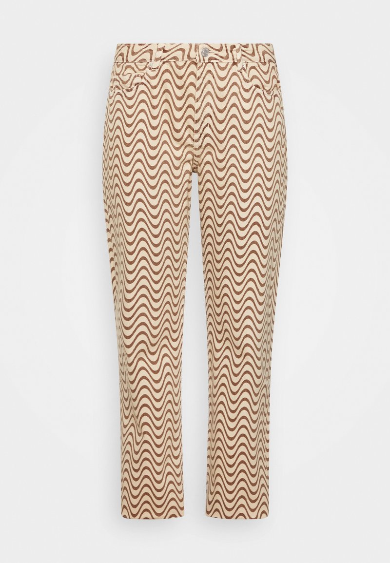Beige Stoffhose mit einem wellenförmigen braunen Muster. Figurbetontes Design mit normaler Bundhöhe und Five-Pocket-Style. Ausgestattet mit einem Metallknopf und einem Reißverschluss.