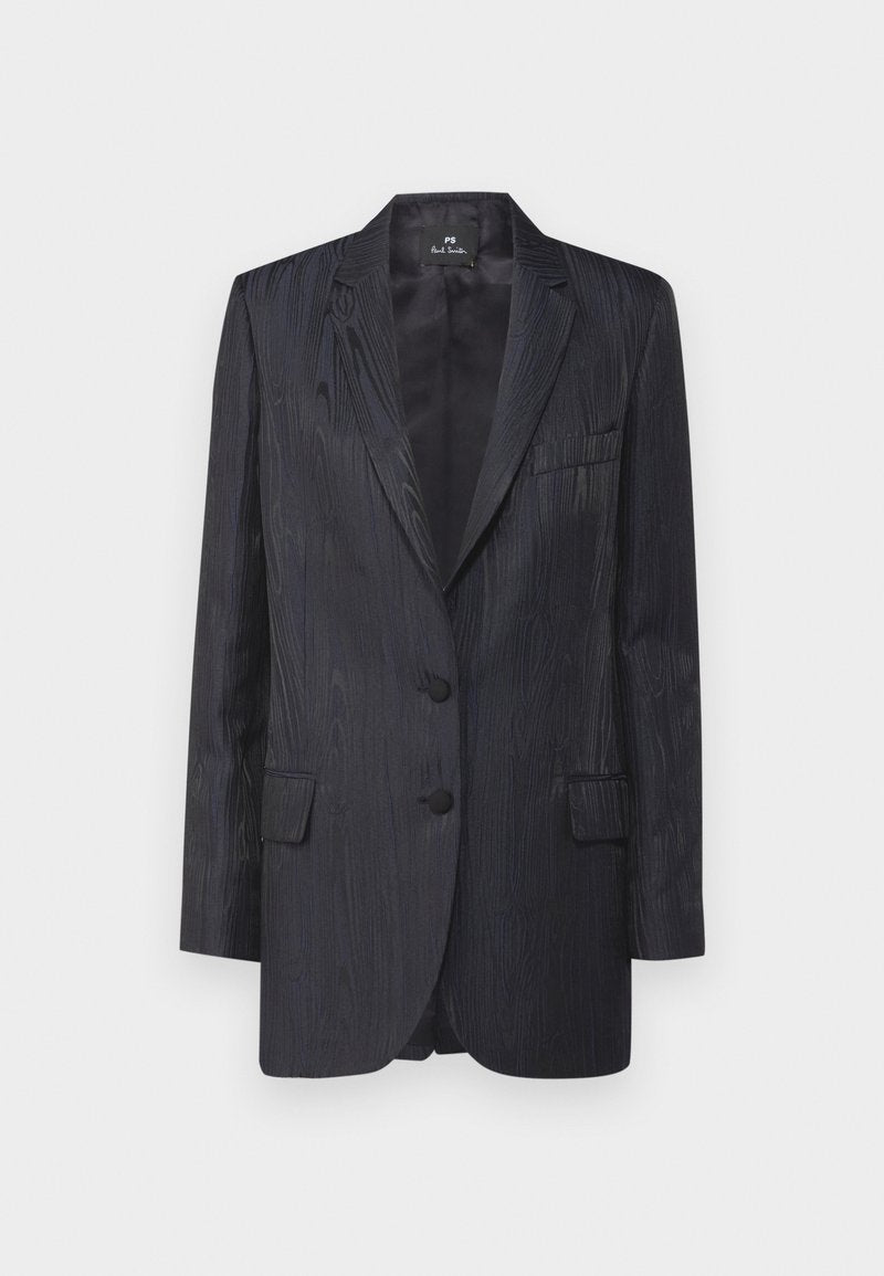 Dunkelblazer mit strukturiertem Holzmaserungsmuster, zwei Knöpfen, Reverskragen und Taschen vorne; taillierte Passform und glattes Futter.