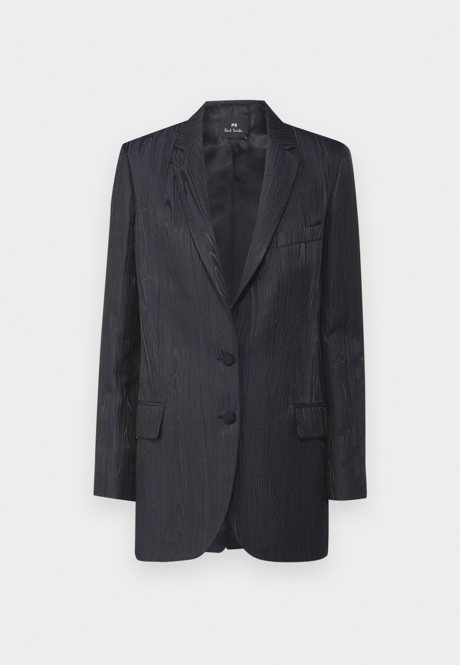 Dunkelblazer mit strukturiertem Holzmaserungsmuster, zwei Knöpfen, Reverskragen und Taschen vorne; taillierte Passform und glattes Futter.
