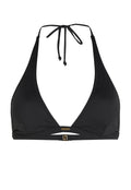 Schwarzer Bikini-Oberteil im dreieckigen Design mit einem Halterneck-Träger, Ausschnitten und einem goldfarbenen Hardware-Akzent in der Mitte.