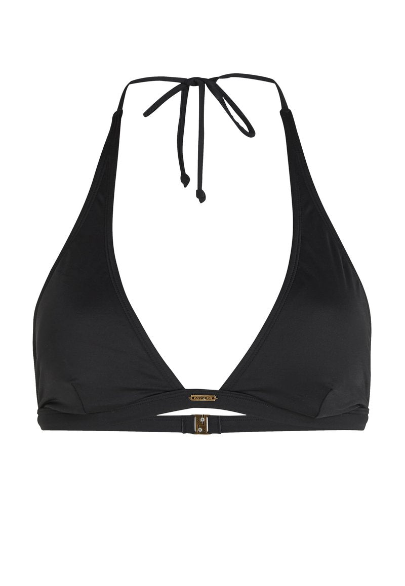 Schwarzer Bikini-Oberteil im dreieckigen Design mit einem Halterneck-Träger, Ausschnitten und einem goldfarbenen Hardware-Akzent in der Mitte.