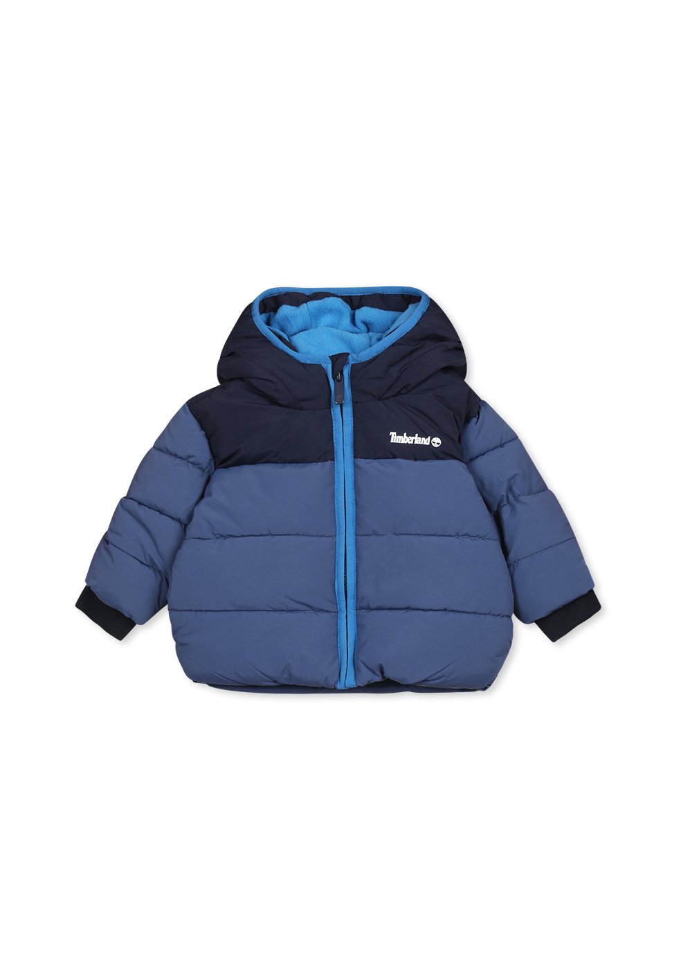 Padded Jacke in Blautönen, mit einer marineblauen Kapuze, türkisfarbenem Innenfutter, Frontreißverschluss und elastischen Bündchen. Mit Timberland-Logo auf der Brust.
