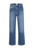 Verblasste blaue Denim-Jeans mit weiter Beinform, fünf Taschen und einem klassischen Knopf- und Reißverschluss. Sichtbare Nähte und ausgefranste Säume.