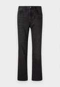Schwarze Jeans aus Denim mit geradem Bein Design, fünf Taschen und einem vorderen Knopfverschluss. Strukturierte Oberfläche mit subtilen Ausbleichungsdetails.