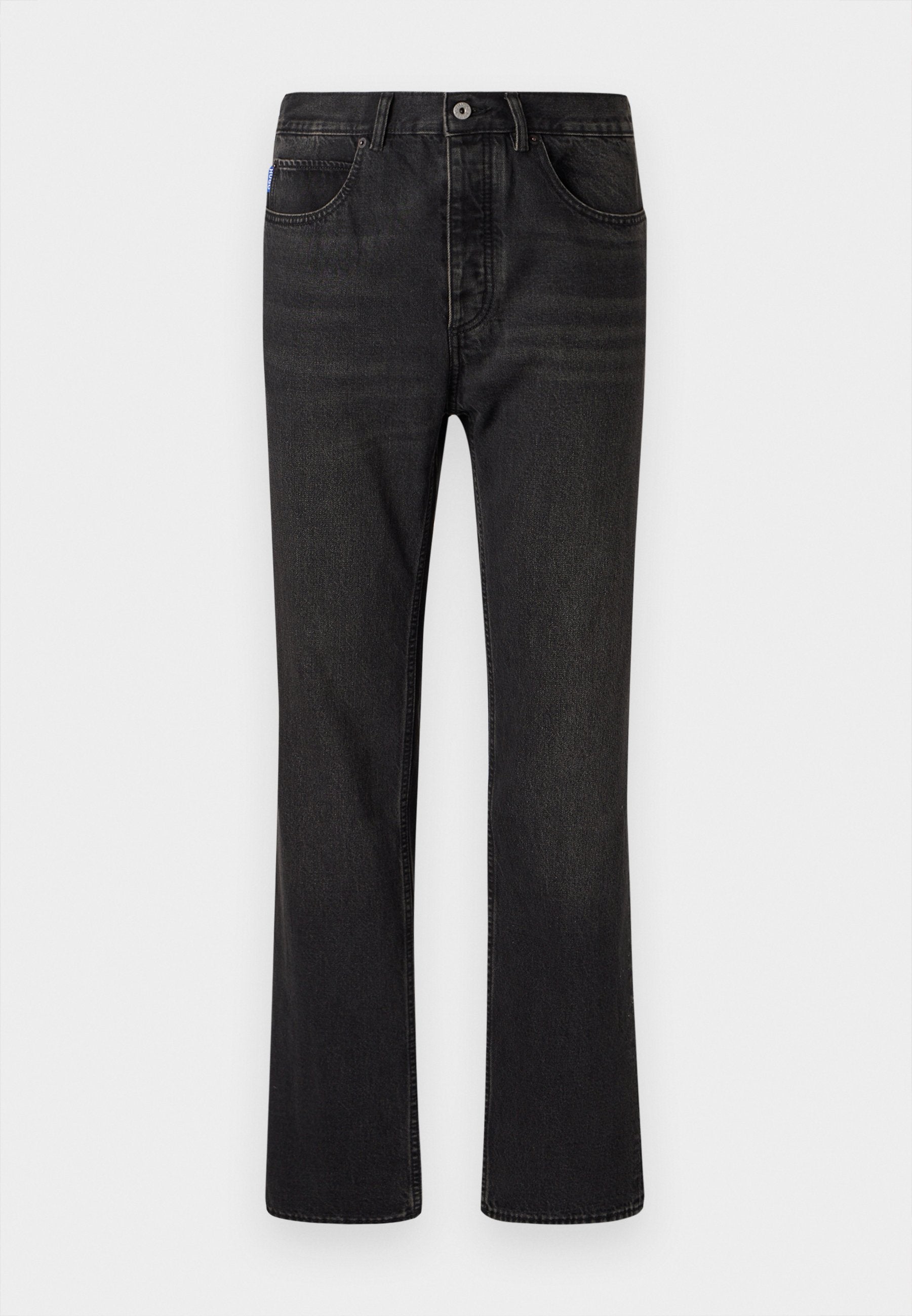 Schwarze Jeans aus Denim mit geradem Bein Design, fünf Taschen und einem vorderen Knopfverschluss. Strukturierte Oberfläche mit subtilen Ausbleichungsdetails.