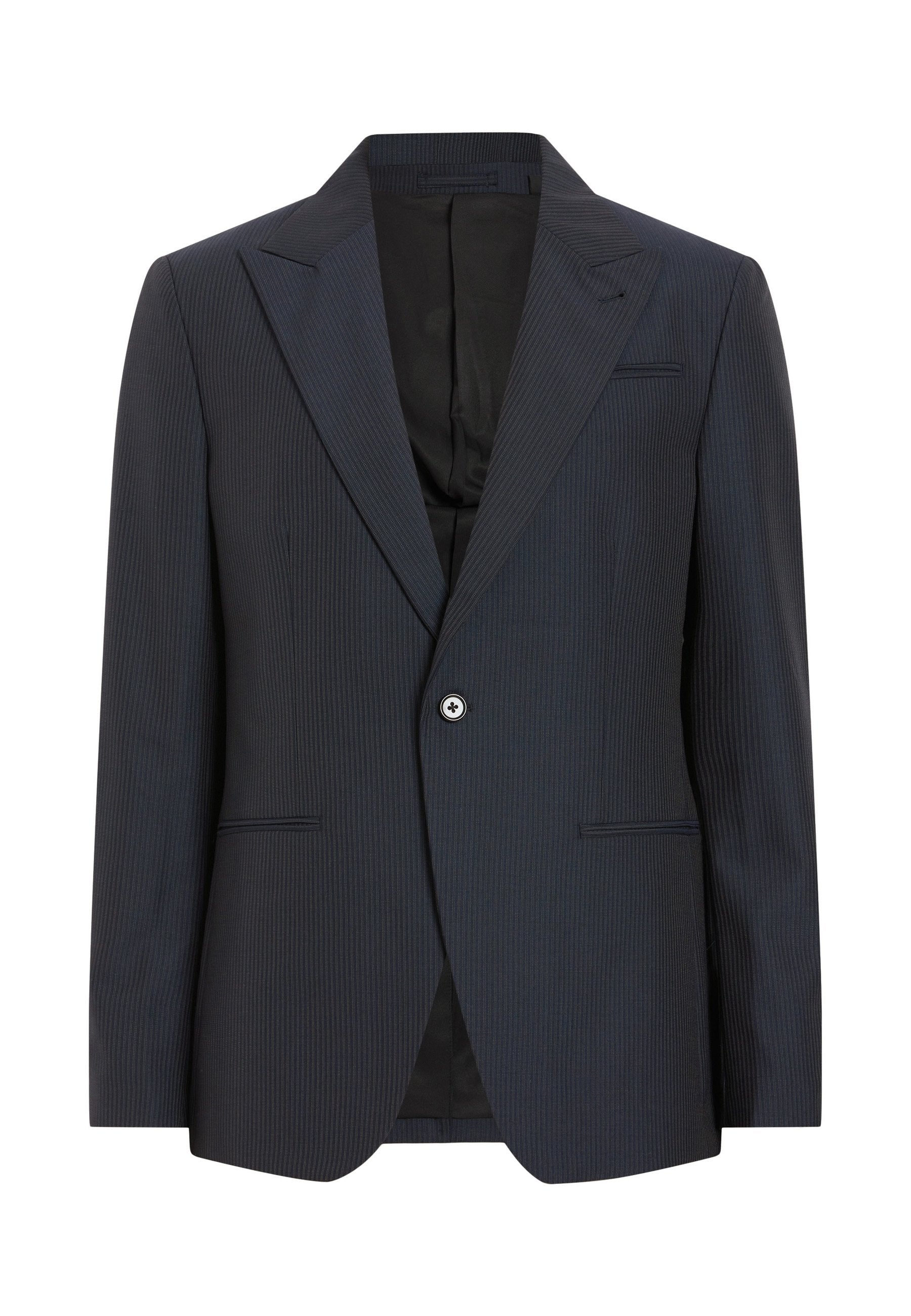 Marineblau gestreifter Blazer mit Revers, einzelnem Knopfverschluss und zwei vorderen Taschen; glatte Textur und taillierte Passform.