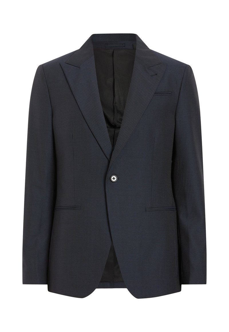 Marineblau gestreifter Blazer mit Revers, einzelnem Knopfverschluss und zwei vorderen Taschen; glatte Textur und taillierte Passform.