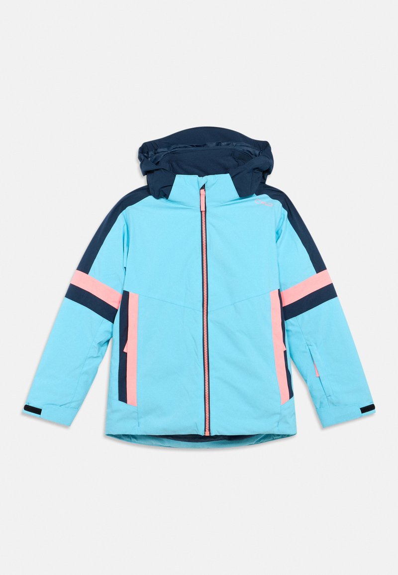 Kinder hellblaue Kapuzenjacke mit marineblauen und pinken Streifen, Frontreißverschluss und verstellbaren Handgelenkriemen.