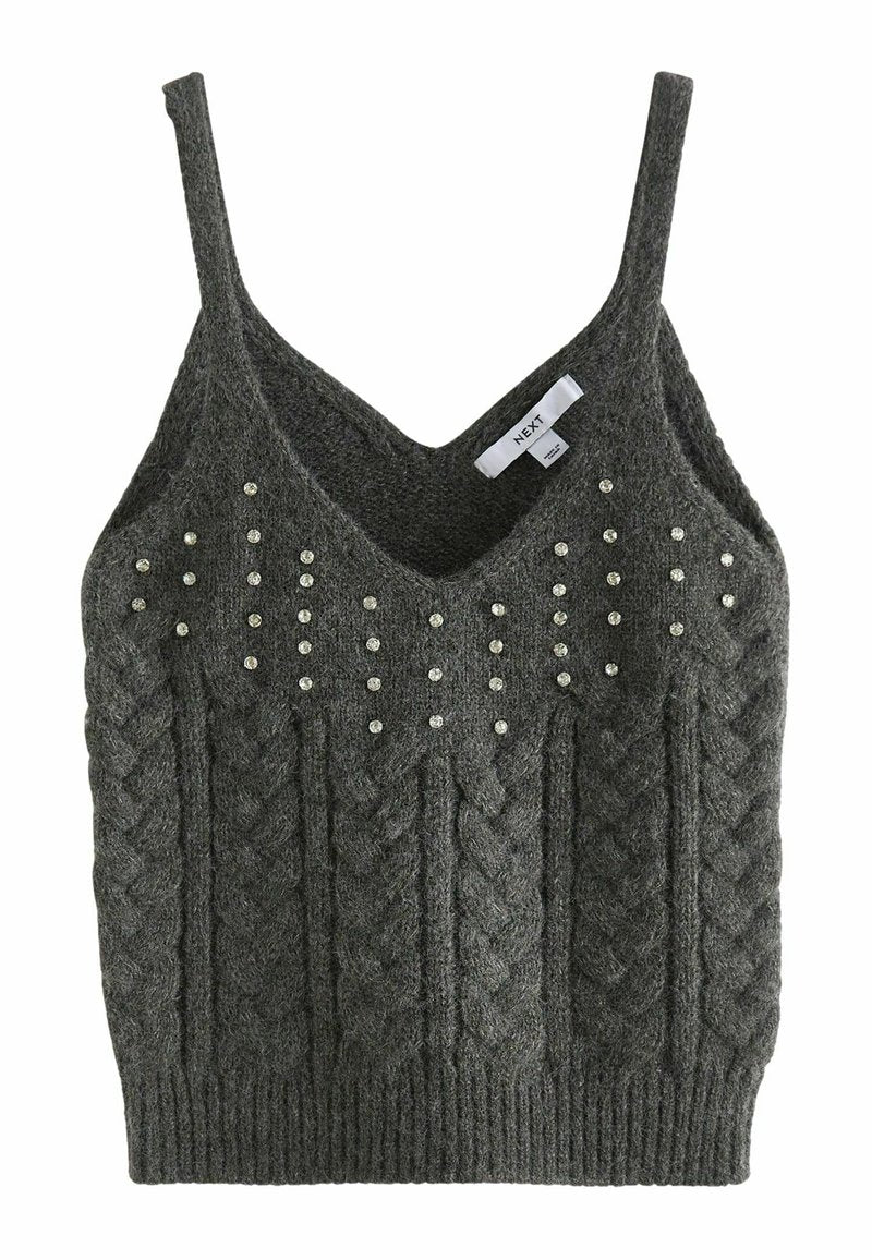 Dunkelgrau gestricktes ärmelloses Top mit Kabelmustern und kleinen dekorativen Strasssteinen auf der Vorderseite sowie einem V-Ausschnitt.