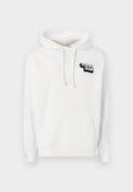 Weißer Hoodie aus weichem Stoff, mit einer Front-Kängurutasche, verstellbarem Kordelzug an der Kapuze und einem blauen Tommy Jeans Logo auf der Brust.