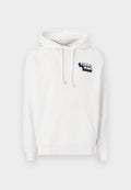 Weißer Hoodie aus weichem Stoff, mit einer Front-Kängurutasche, verstellbarem Kordelzug an der Kapuze und einem blauen Tommy Jeans Logo auf der Brust.
