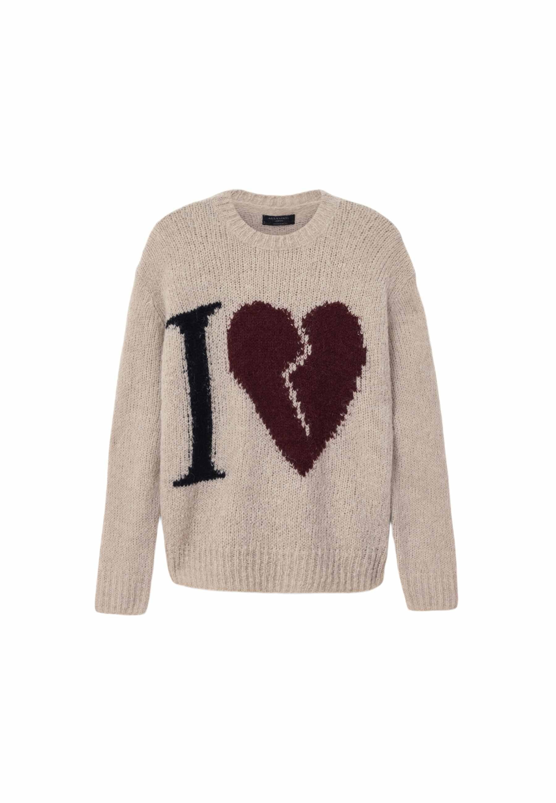 Beiger Strickpullover mit schwarzem Buchstaben „I“ und großem weinrotem zerbrochenem Herz-Grafik auf der Vorderseite, Rundhalsausschnitt und langen Ärmeln.