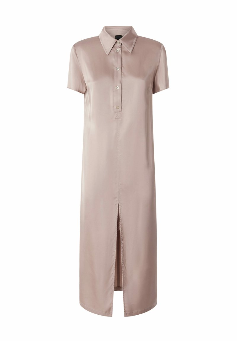 Satinhemdkleid in sanftem Beige, mit Kragen, kurzen Ärmeln, Knopfleiste und einem Schlitz vorne. Glatte Textur mit fließendem Design.