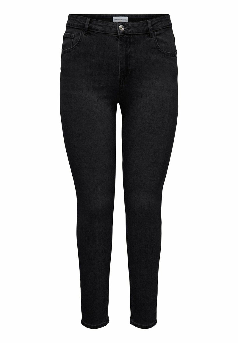 Schwarze enge Jeans aus Denim, ausgestattet mit einem vorderen Knopfverschluss, fünf Taschen und einer glatten Textur.