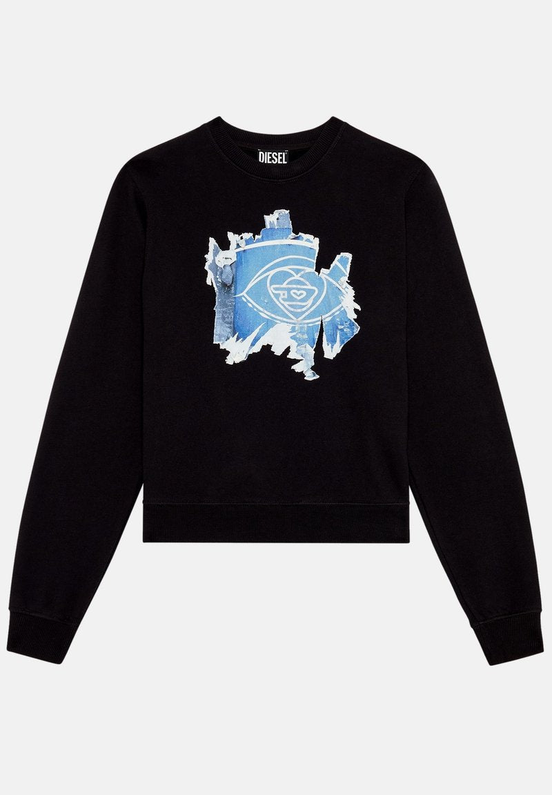 Schwarzer Sweatshirt mit einem blauen, aufgerissenen Patches im Zentrum, das ein abstraktes Augendesign zeigt, mit gerippten Bündchen, Saum und Rundhalsausschnitt.
