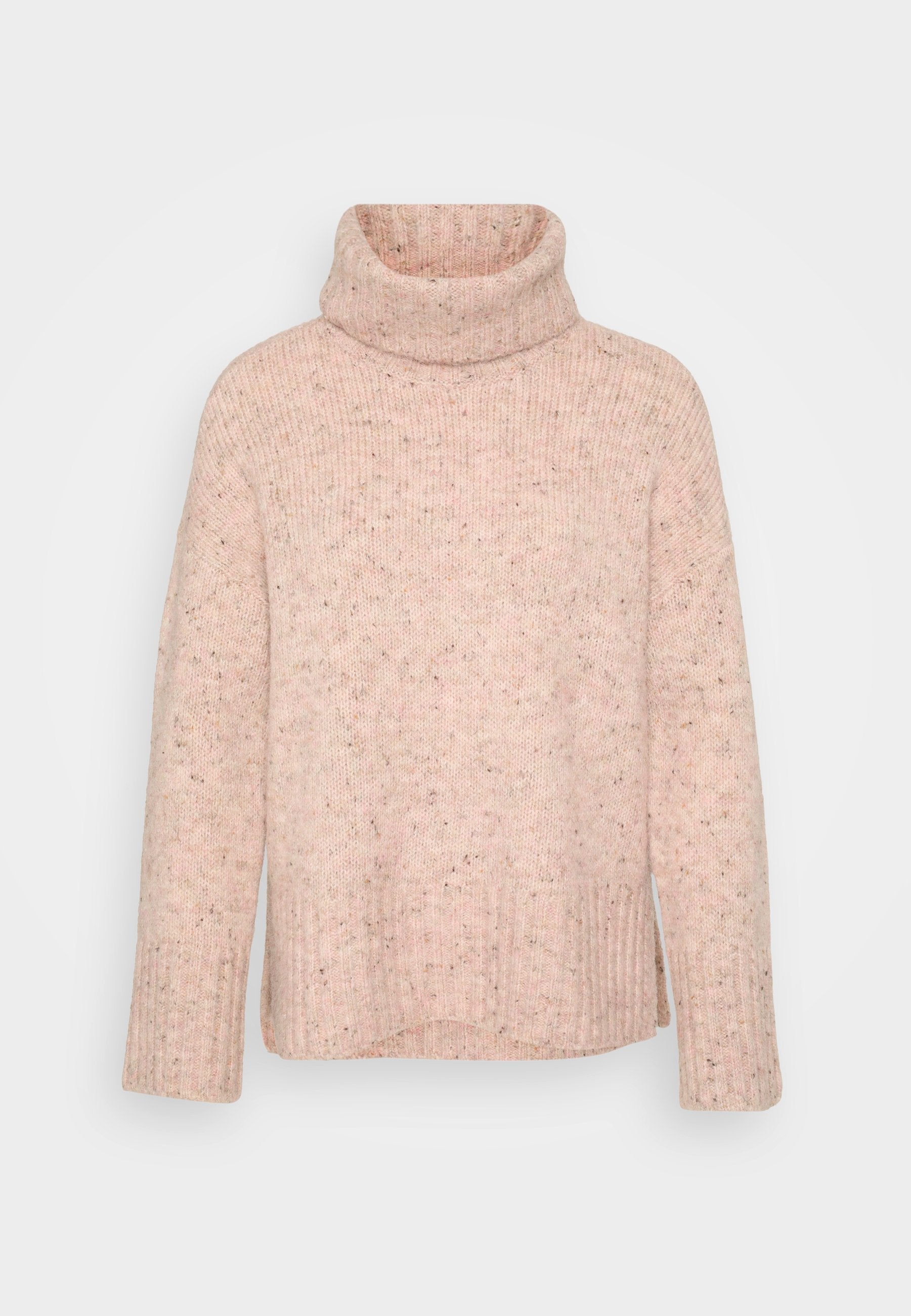 Helles rosa gestricktes Rollkragensweater mit einem gerippten Saum und Bund, das eine strukturierte Oberfläche mit subtilen Sprenkeln aufweist.