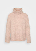 Helles rosa gestricktes Rollkragensweater mit einem gerippten Saum und Bund, das eine strukturierte Oberfläche mit subtilen Sprenkeln aufweist.