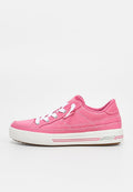 Niedriger pinker Leinenschuh mit weißen Schnürsenkeln und dicker weißer Sohle mit pinken Streifen und strukturiertem braunem Außenprofil.