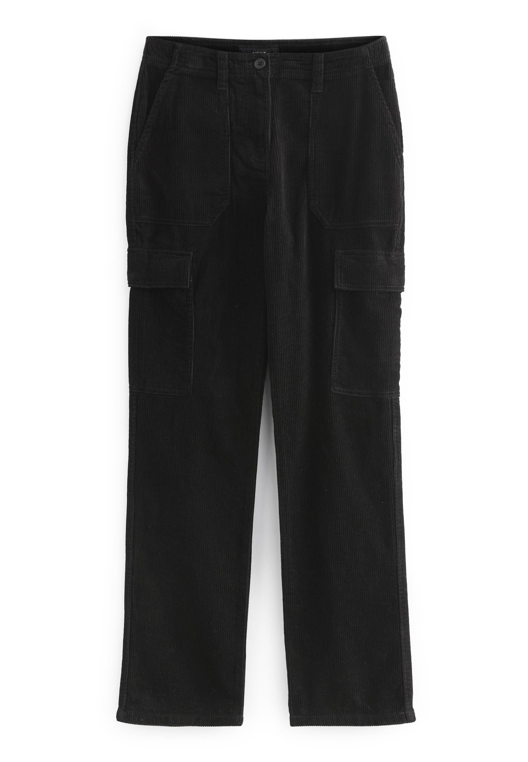 Schwarze Corduroy-Cargo-Shorts mit geradem Schnitt, zwei Seitentaschen und zwei Oberschenkel-Taschen. Strukturierter Stoff mit sichtbaren Rippstrukturen.