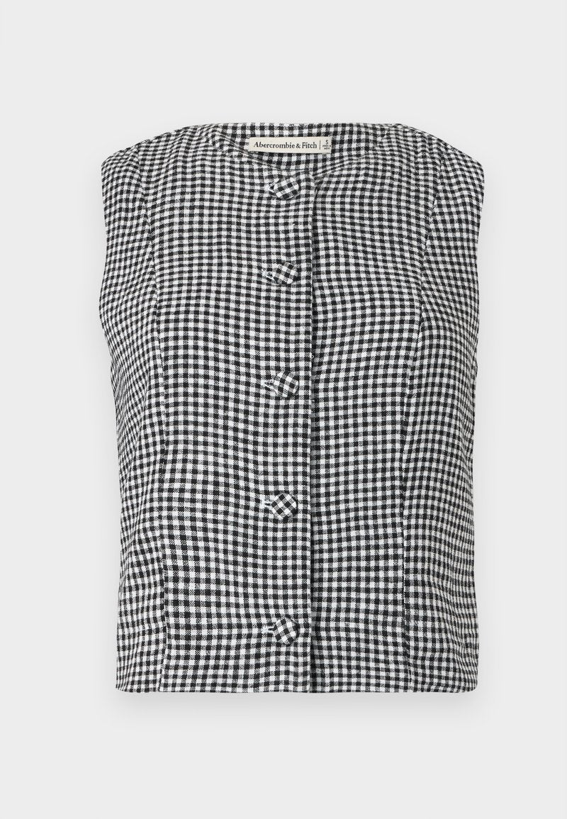 Schwarz-weiße Gingham ärmellose Bluse mit runder Halslinie, ausgestattet mit drei vorderen Knöpfen und einem strukturierten Stoff.