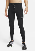 Schwarze Sportleggings mit enger Passform, aus dehnbarem Material gefertigt, mit einem weißen Nike-Logo und einem verstellbaren Zugband an der Taille.