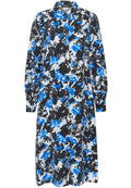 Langärmliges,.btn-oberes Kleid mit einem abstrakten Muster in Schwarz, Weiß und Blau, aus leichtem Stoff mit fließendem Design.