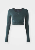 Langärmliges Crop-Top in Dunkelgrün, aus glattem Material hergestellt. Mit Nike-Logo in Weiß, Daumenlöchern und einem strukturierten Band mit der Aufschrift "NIKE PRO".
