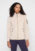 Beige Fleecejacke mit Reißverschluss und Kapuze, strukturierter Stoff, Seitentaschen mit Reißverschluss und Logodetail. Lange Ärmel mit figurbetontem Schnitt.